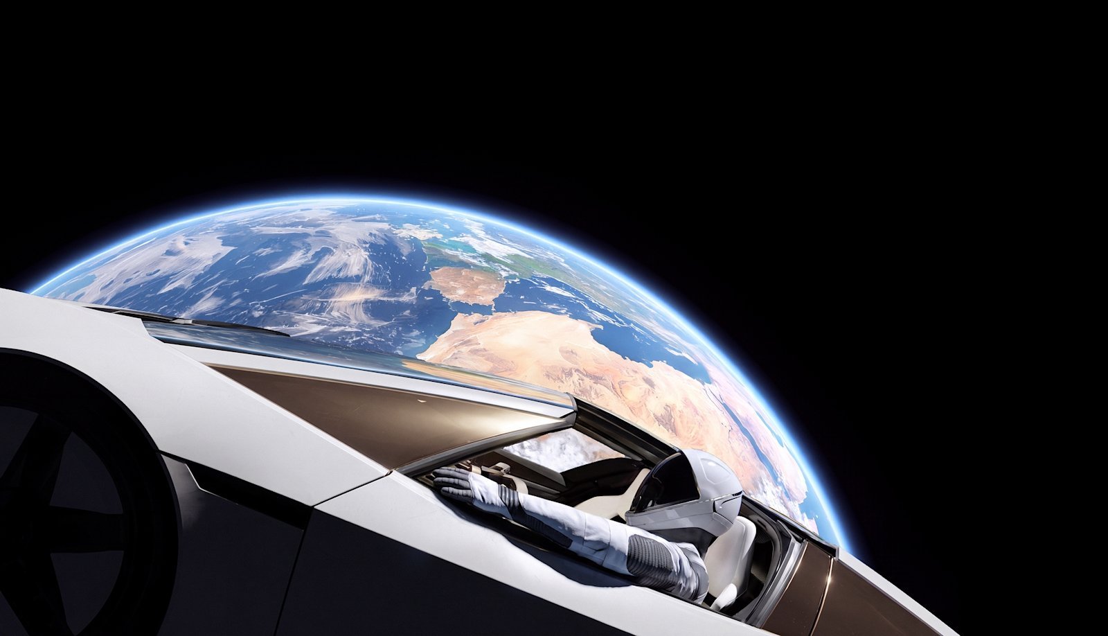 Tesla Roadster flying car high above Earth